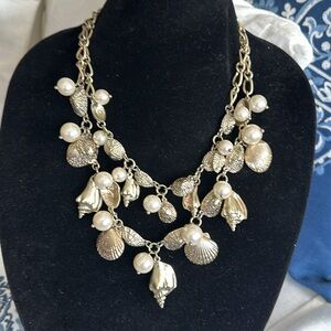 Talbots goldtone shells with pearls  crystals doubled chain adjustable necklace